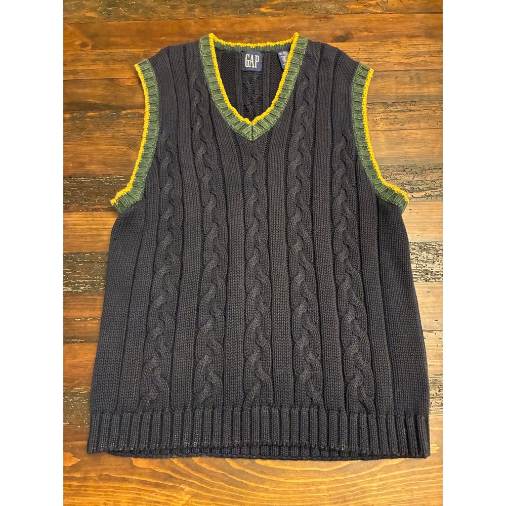 Y2K GAP Men's Blue Cable Knit V-Neck Vest Sweater Large Preppy Old Money 90s